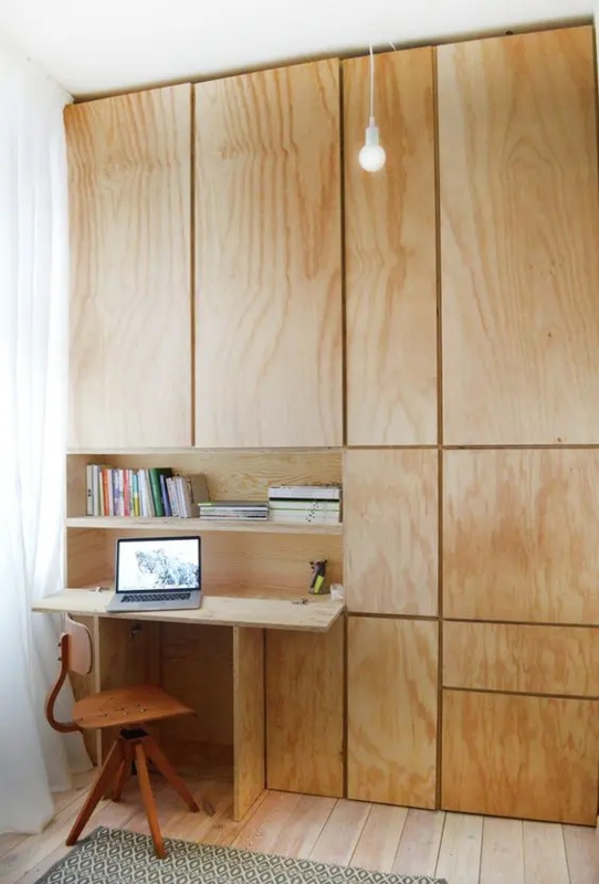 Minimalist Armoire Hidden Desk with Natural Wood Finish
