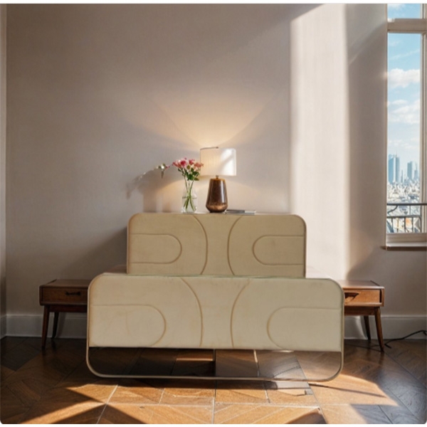 Minimalist Beige Velvet Bed with Geometric Design