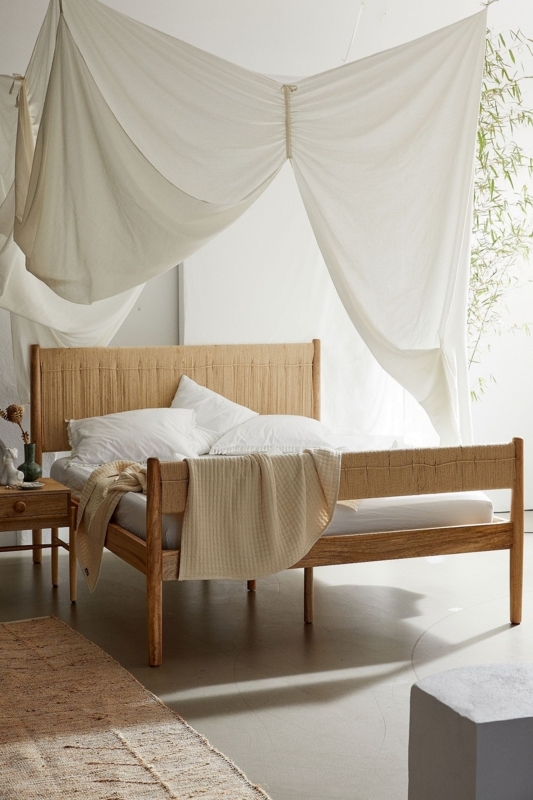 Minimalist Boho Wooden Bed Frame with Draped Canopy