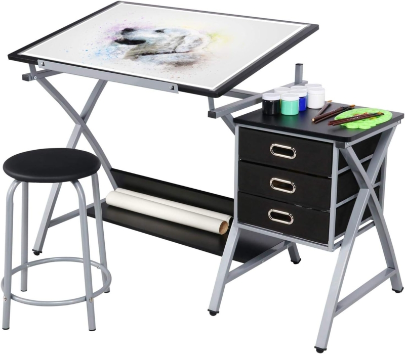 Modern Adjustable Drafting Table with Storage Drawers