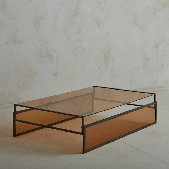 Modern Amber Glass Coffee Table with Iron Frame