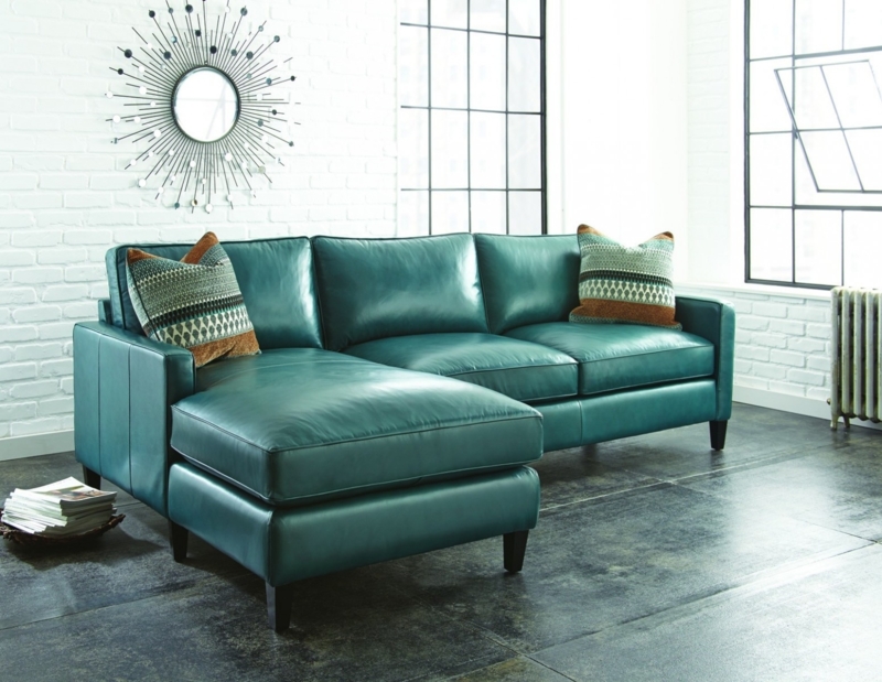 Modern Aqua Leather Sectional Sofa with Throw Pillows