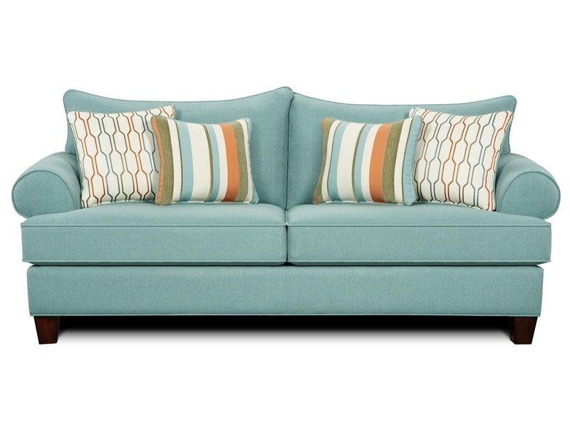 Modern Aqua Sofa Bed with Striped Accent Pillows