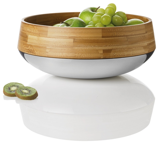 Modern Bamboo and Steel Fruit Bowl with Fresh Fruit