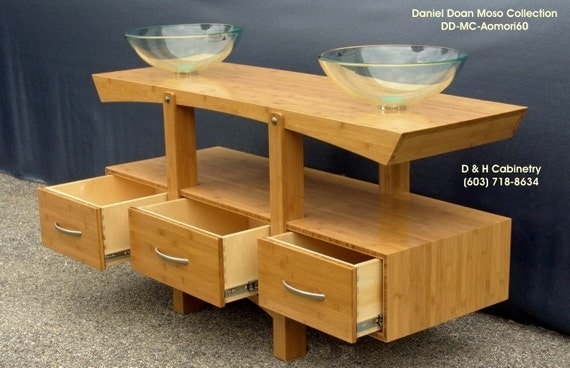 Modern Bamboo Bathroom Vanity with Glass Sinks