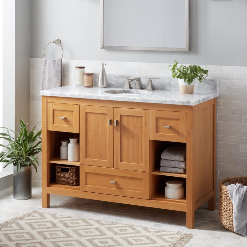 Modern Bamboo Bathroom Vanity with Marble Countertop