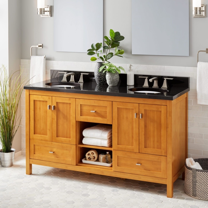 Modern Bamboo Double Vanity with Black Countertop