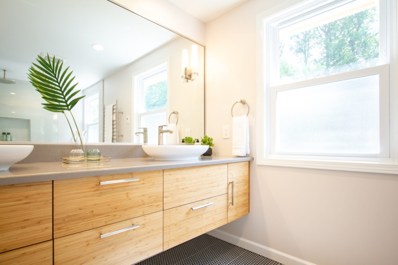 Modern Bamboo Vanity in Bright Neutral Bathroom