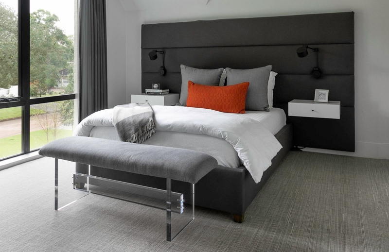 Modern Bedroom with Oversized Dark Headboard