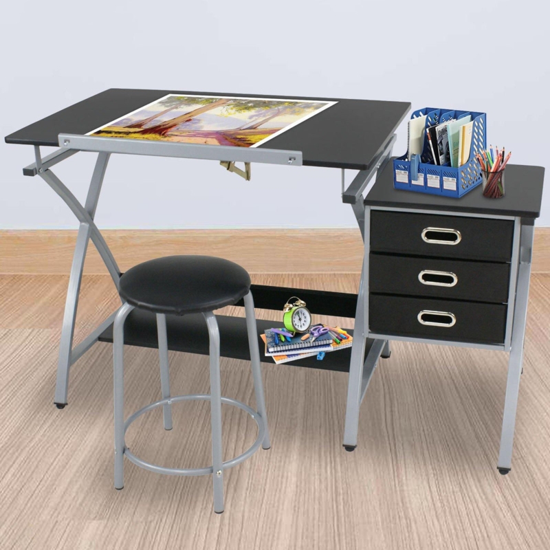 Modern Black Drafting Table with Storage Drawers