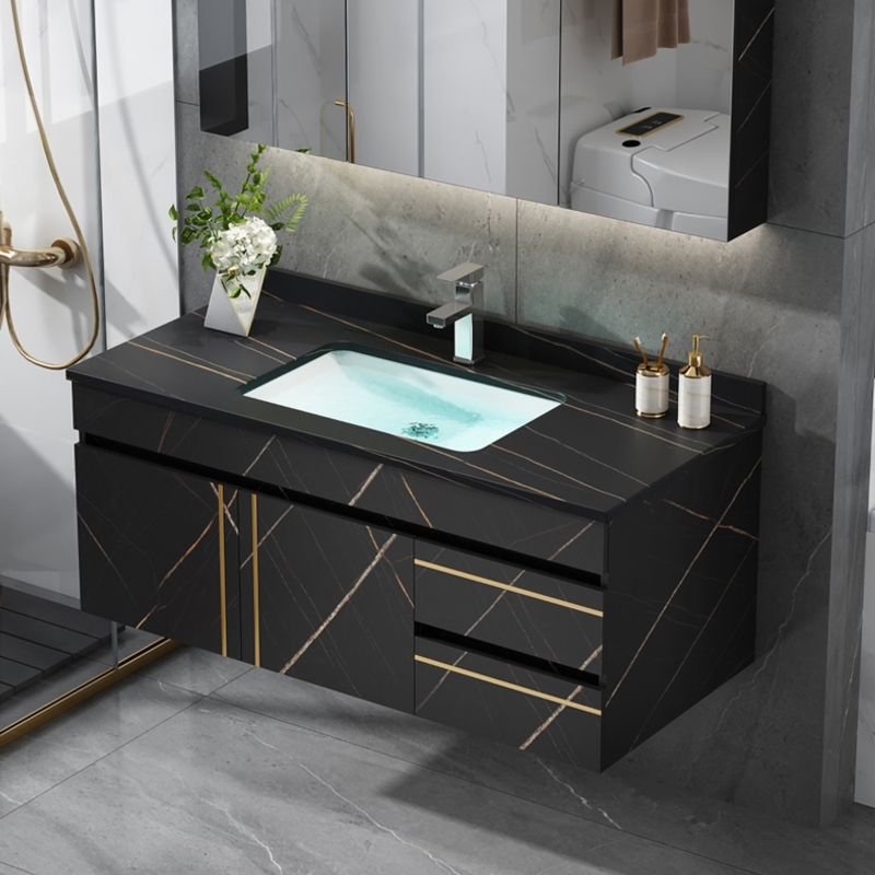 Modern Black Faux Marble Floating Bathroom Vanity