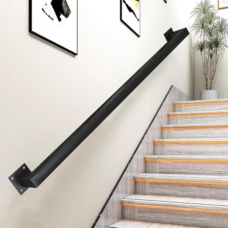 Modern Black Handrail with LED-lit Wooden Stairs