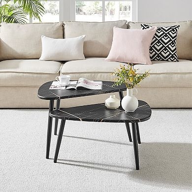 Modern Black Marble Asymmetrical Nesting Coffee Tables