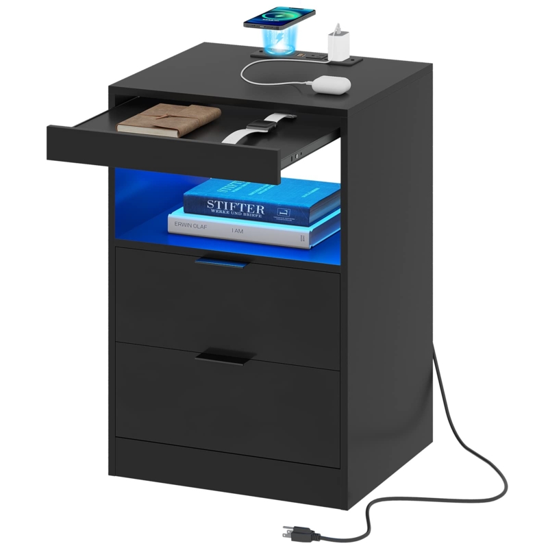 Modern Black Nightstand with LED Lights and Charging Station
