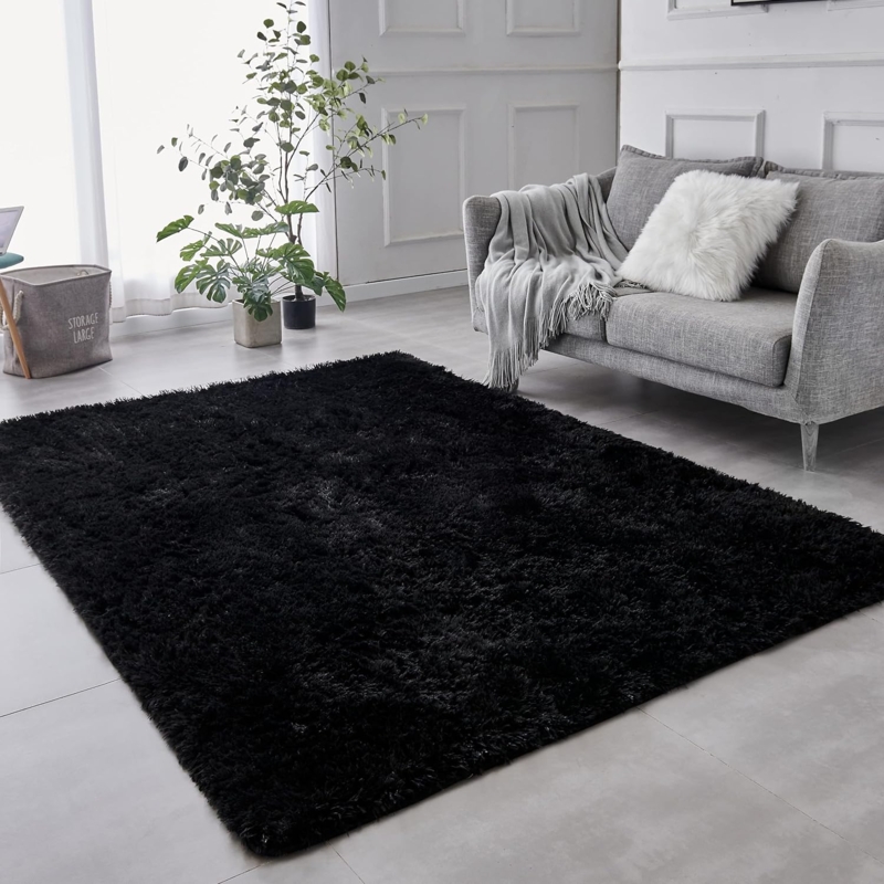 Modern Black Plush Area Rug in Living Room