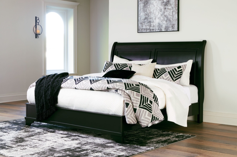 Modern Black Queen Sleigh Bed with Geometric Bedding
