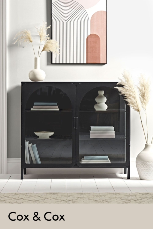Modern Black Reeded Glass Cabinet with Minimal Decor