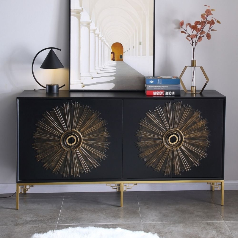 Modern Black Sideboard with Embossed Sunburst Doors