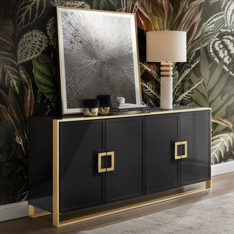 Modern Black Sideboard with Polished Gold Handles