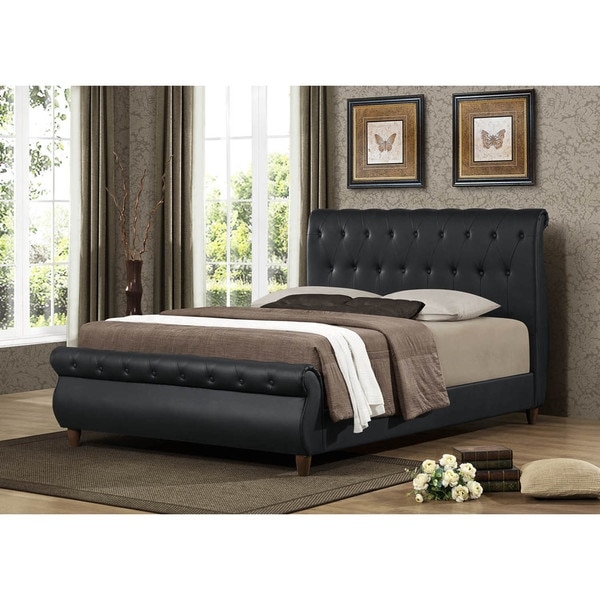 Modern Black Sleigh Bed with Upholstered Headboard