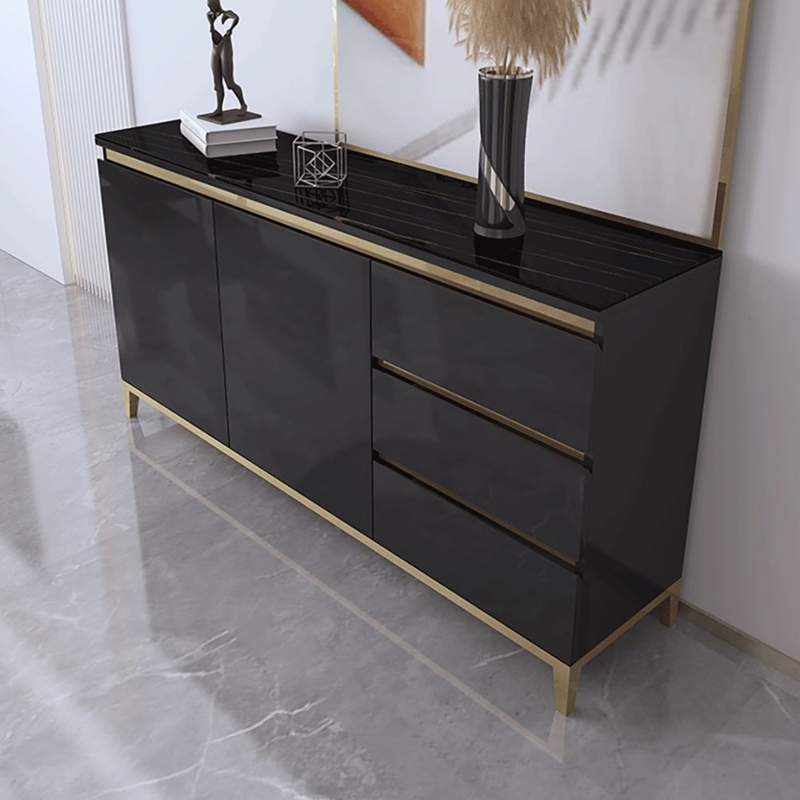 Modern Black Stone Top Sideboard with Gold Accents