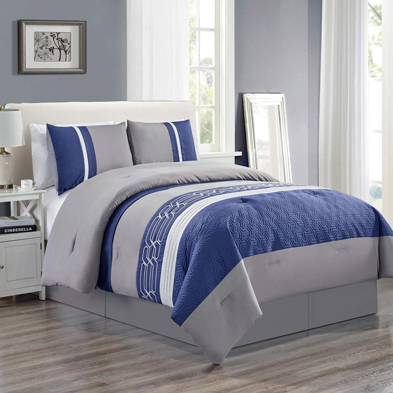 Modern Blue and Gray Embroidered Quilted Comforter Set