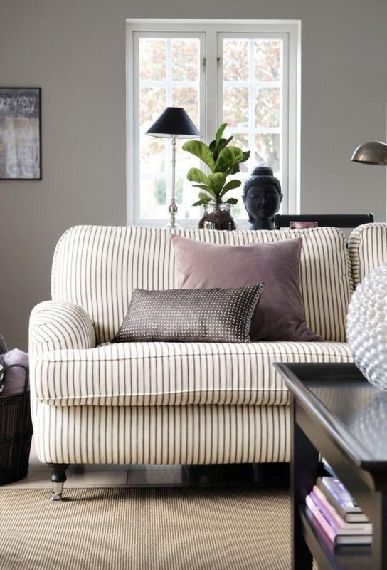 Modern Blue and White Striped Sofa with Accent Pillows