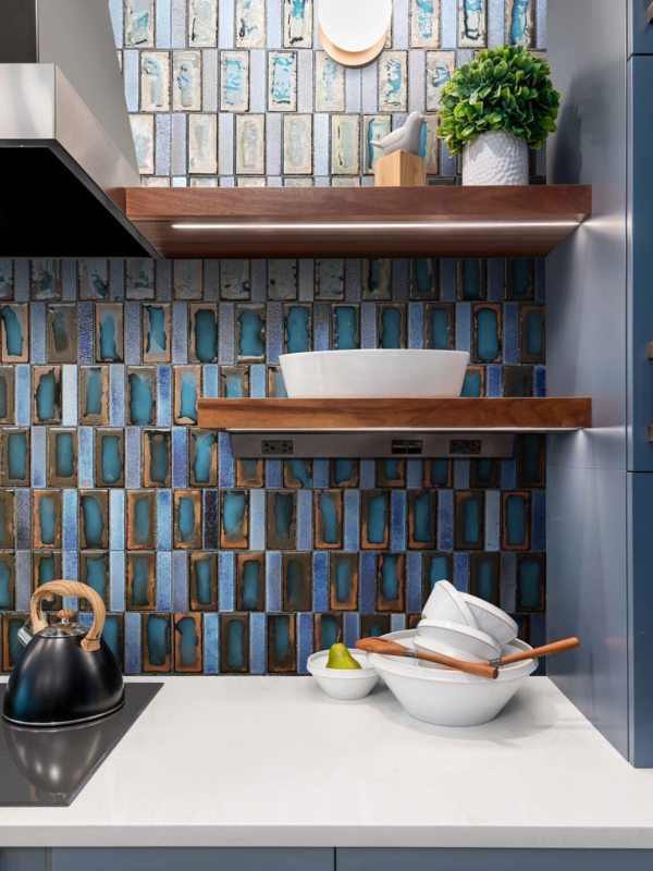 Modern Blue Vertical Subway Tile Kitchen Backsplash