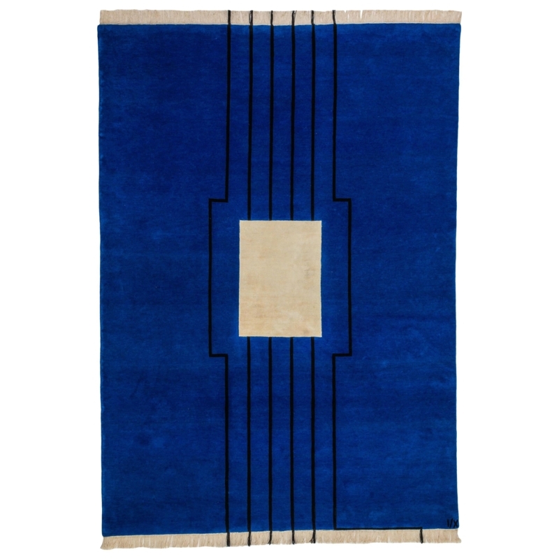 Modern Blue Wool Rug with Geometric Design
