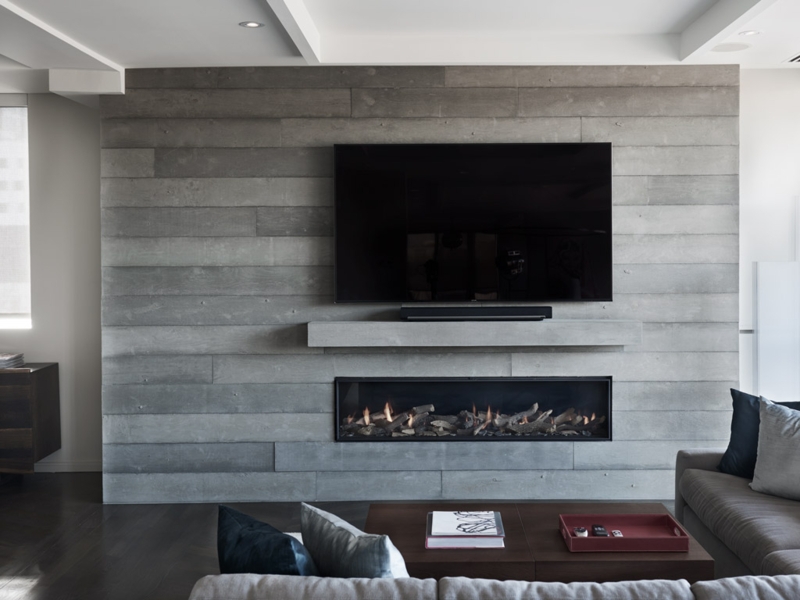 Modern Board-Formed Concrete Fireplace Wall Design