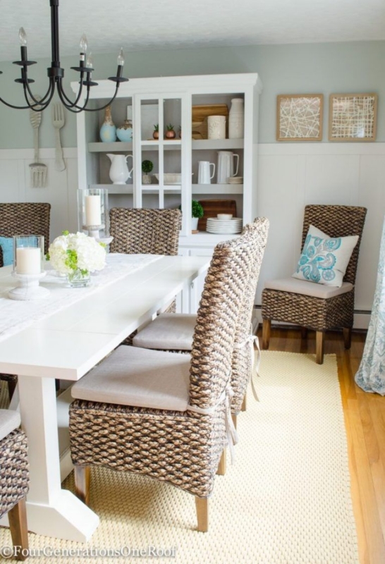 Modern Coastal Farmhouse Dining Room with Seagrass Chairs