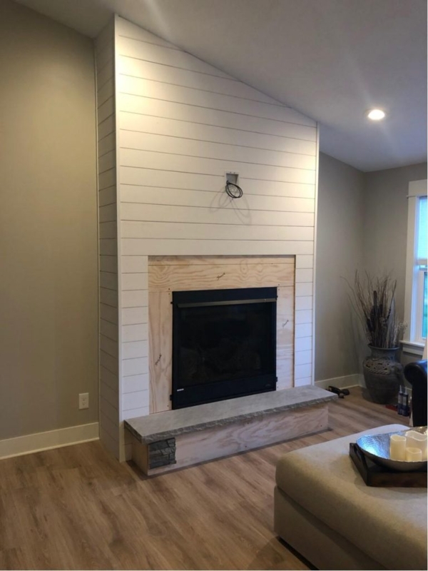 Modern Corner Fireplace with Shiplap Accent Wall