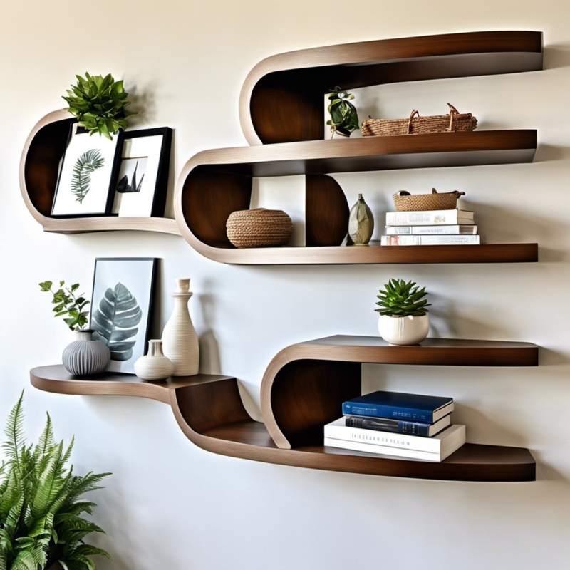 Modern Curved Floating Shelves with Decorative Accents