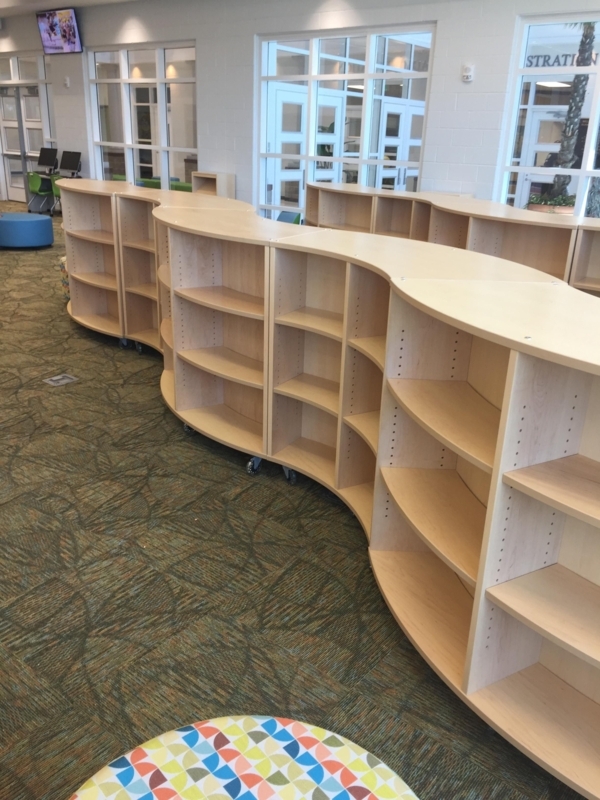Modern Curved Wooden Shelving Unit with Wheels