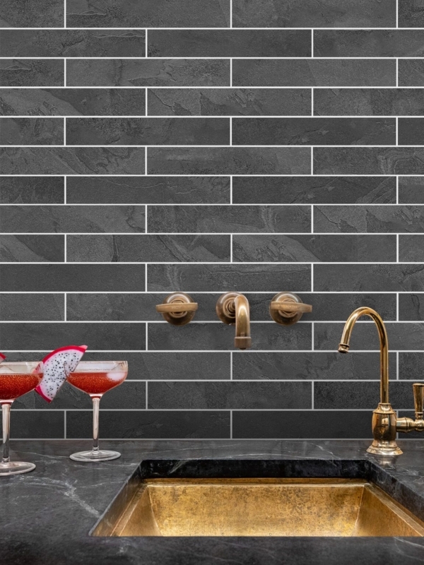 Modern Dark Gray Vertical Subway Tile Backsplash