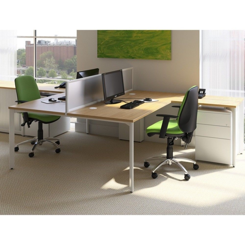 Modern Double-Sided Office Desk with Green Chairs