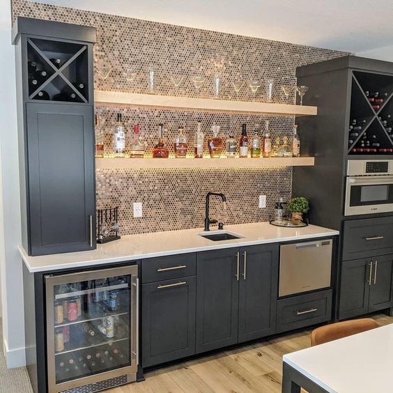Modern Elegant Wet Bar with Dark Cabinets and Wine Storage