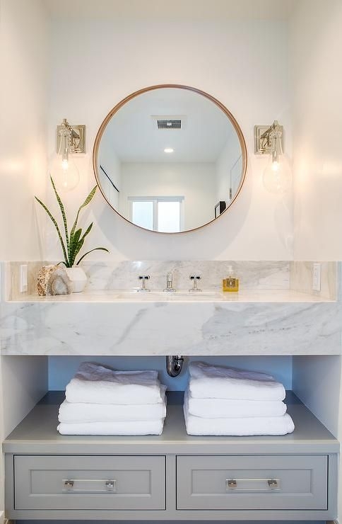 Modern Floating Marble Bathroom Sink with Round Mirror