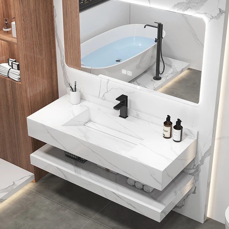 Modern Floating Marble Sink with Black Faucet