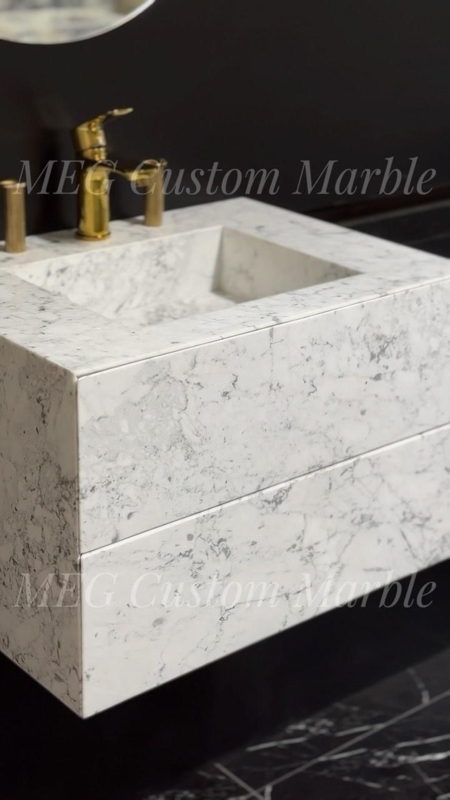 Modern Floating Marble Sink with Brass Fixtures
