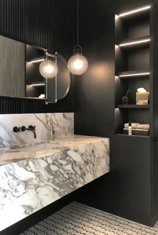 Modern Floating Marble Vanity with Black Accents