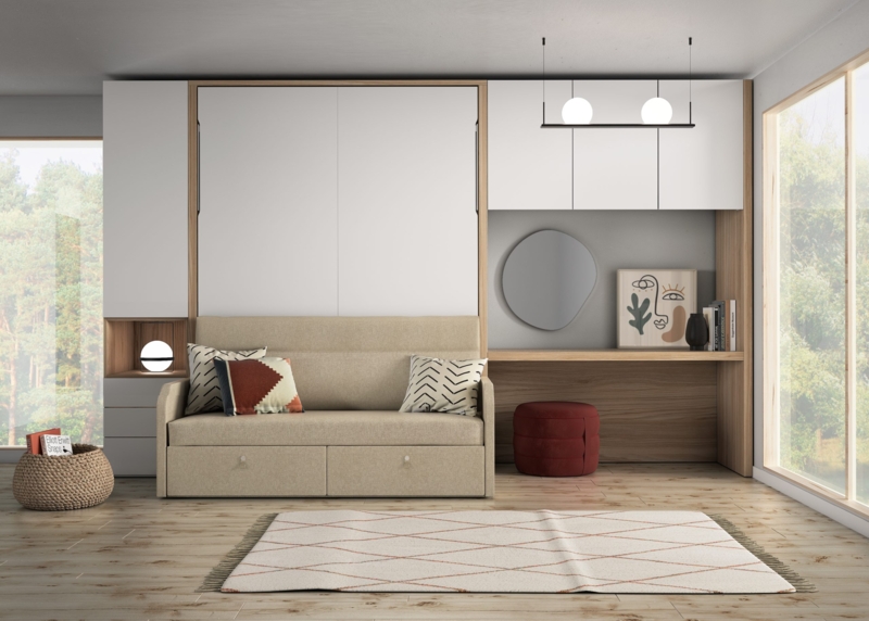 Modern Fold-Away Bunk Bed with Sofa and Dressing Table