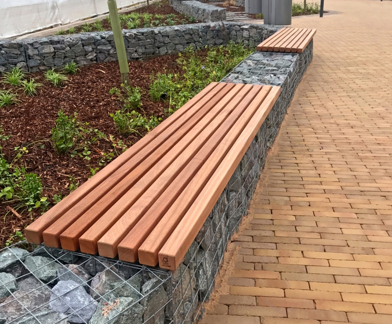 Modern Gabion Wall Benches with Wooden Seating