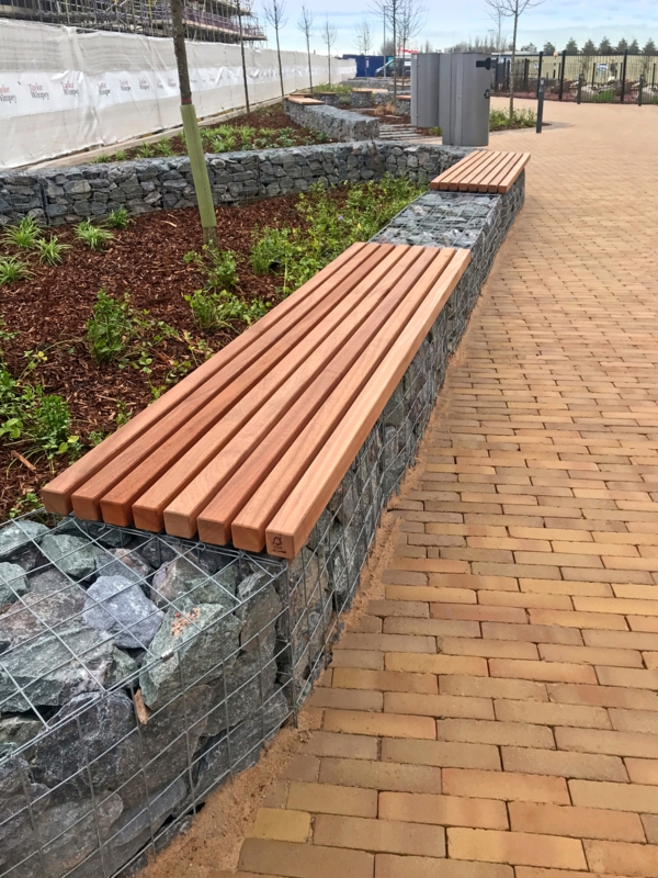 Modern Gabion Wall Benches with Wooden Seating