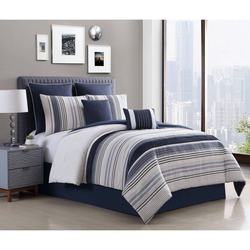 Modern Gray and Blue Striped Bedding Set
