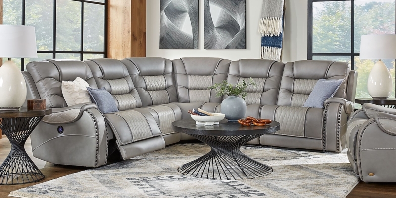 Modern Gray Leather Sectional Sofa with Recliners