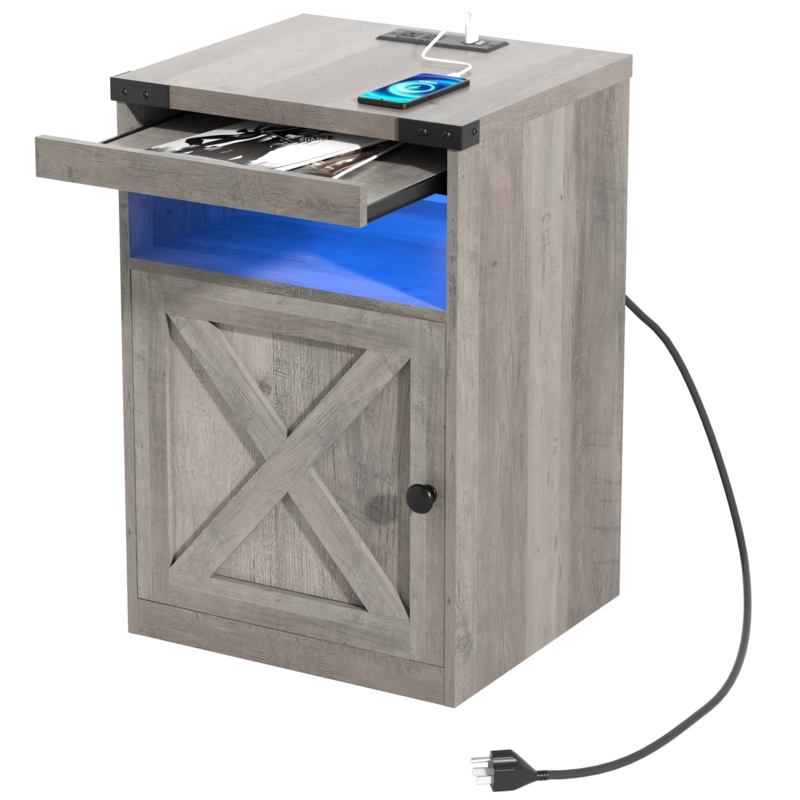 Modern Gray Wood Nightstand with LED and Charging Station