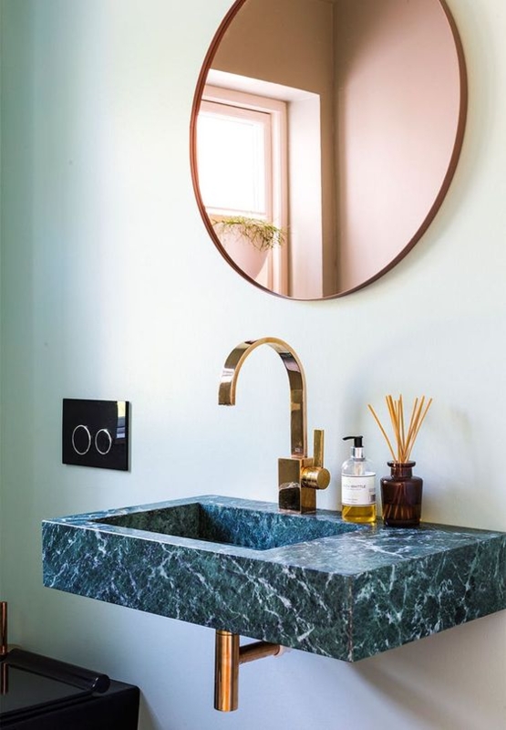 Modern Green Marble Floating Sink with Gold Fixtures