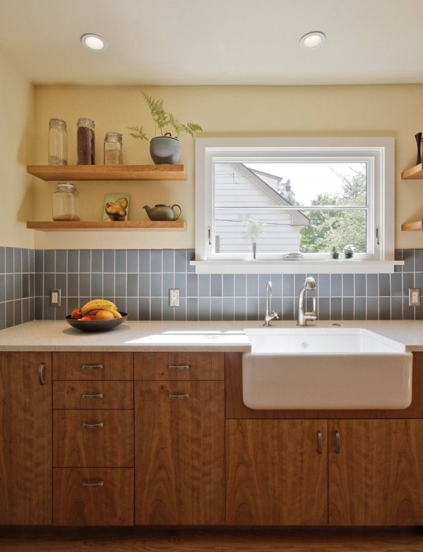 Modern Kitchen with Vertical Subway Tile Backsplash
