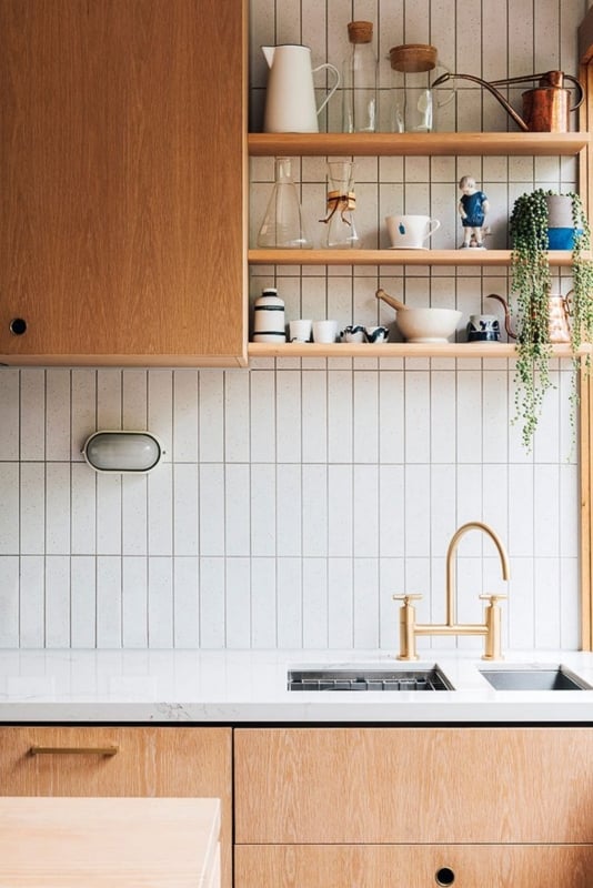 Modern Kitchen with Vertical Subway Tile Backsplash